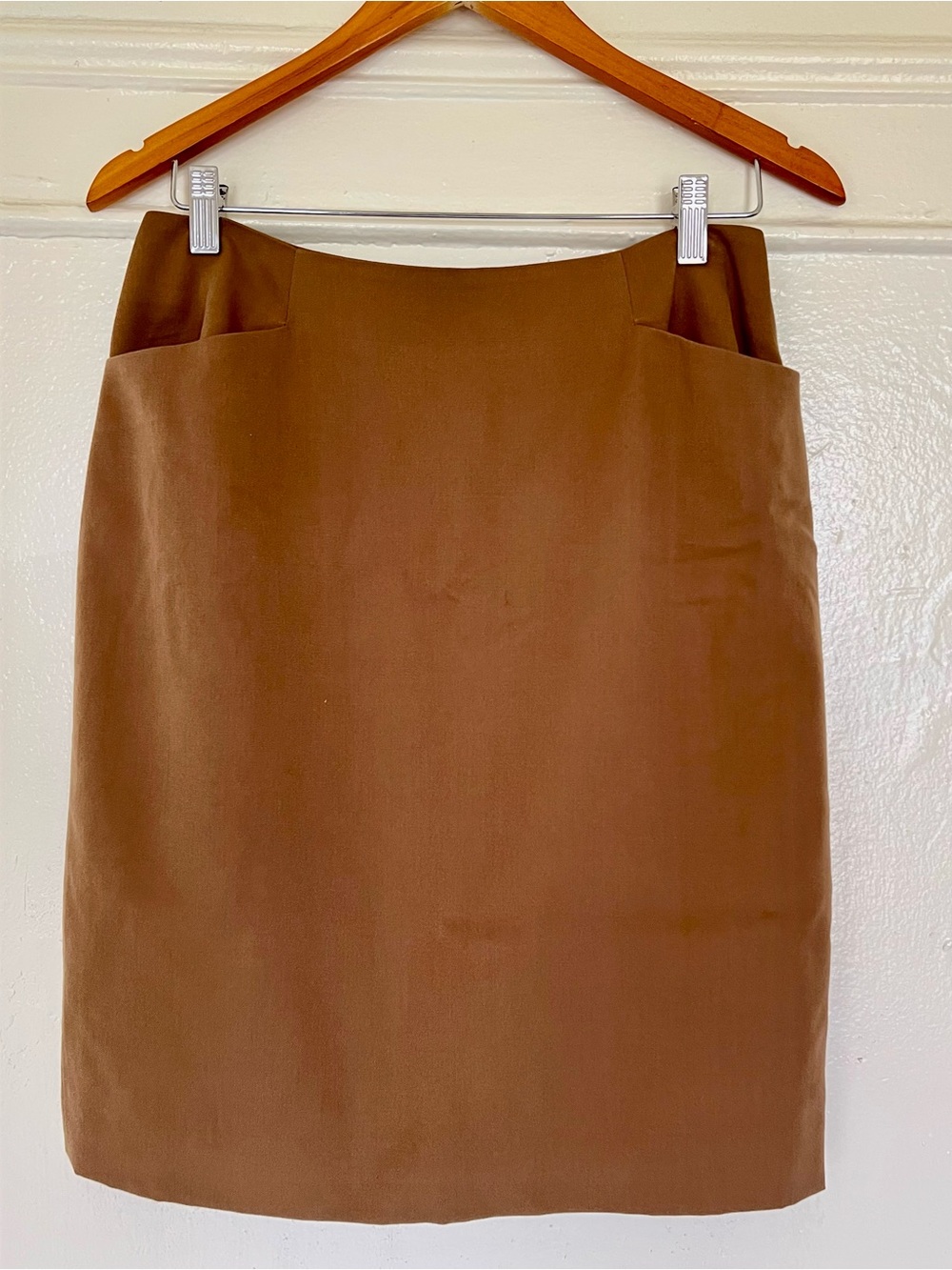 100% Pure Wool Brown Pencil Skirt Pockets Linda Allard Ellen Tracy Minimalist 10